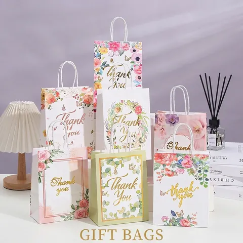 Blumen Geschenkpapiertüten Mit Griffen Goldprägung Thank You Muster Für Hochzeitsfeier Geburtstag Elegante Verpackung