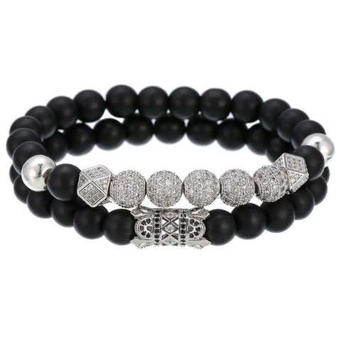 Bracelet En Perles Et Bracelet Breloque Couronne Avec Zircon Noir Pierre Mate Élastique Bijoux Mode
