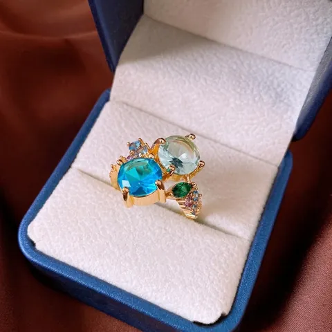 Anello In Rame Regolabile Zircone Colorato Design Geometrico Cavo Stile Retrò Lusso Gioielli Eleganti Per Donne