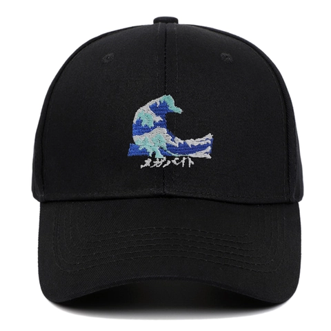 Casquette De Baseball Coton Broderie De Vagues Style Japonais Ajustable Protection Solaire Respirant Chapeau