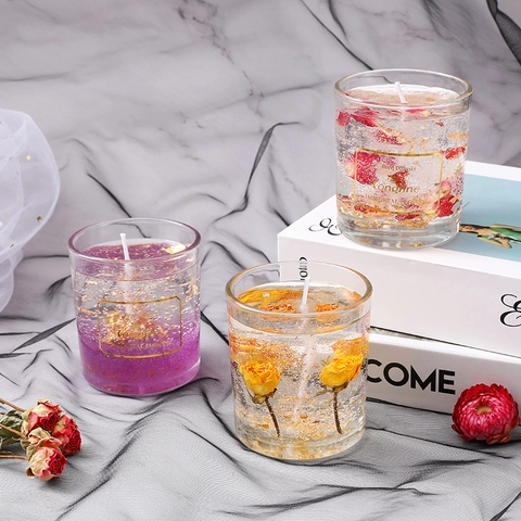 Scented Jelly Wax Candle With Dried Flowers And Gold Foil Glass Jar Aesthetic Romantic Aromatherapy Home Decor Gift