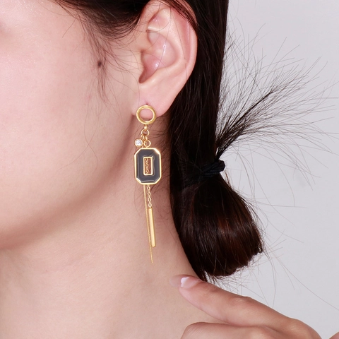 Long Tassel Dangle Earrings For Women Stainless Steel Black Enamel Geometric Octagon Rhinestone Elegant Fashion Jewelry