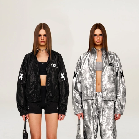 Damen Stehkragen Jacke Metallic Nylon Reißverschluss Oberbekleidung Casual Streetwear Kurzer Mantel Windjacke Mode