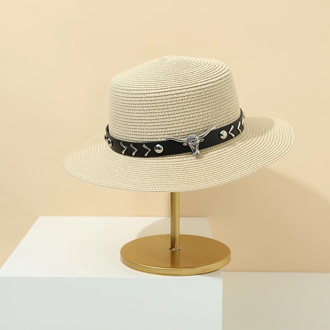 Boater Hat Vintage Straw Sun Protection Flat Top Beach Summer Breathable Leather Band Bull Head Metal Decor Unisex