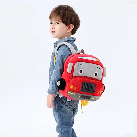 Kids Plush Car Backpack Toddler School Bag Cartoon Bus Police Car Fire Truck Shaped Soft Lightweight Small Daypack