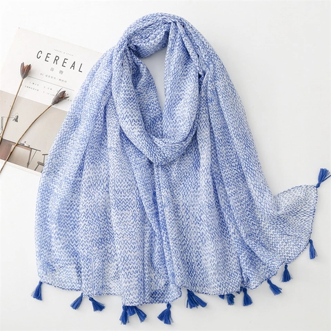 Damen Schal Schal Polyester Voile Blau Wellenprint Quaste Sonnenschutz Strand Reise Elegant Wickeln