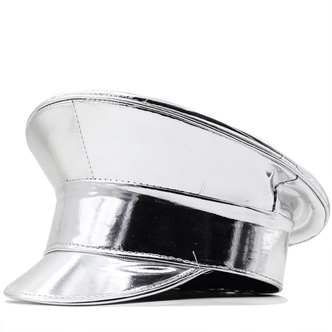Shiny Artificial Leather Flat Top Naval Hat Laser Patent PU Fashion Party Performance Military Cap For Women Stage Military Style Hat