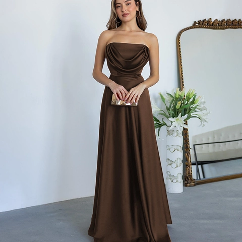 Elegant Satin Strapless Maxi Dress Cowl Neck Backless Party Evening Gown High Waist Solid Color Formal Wedding Guest