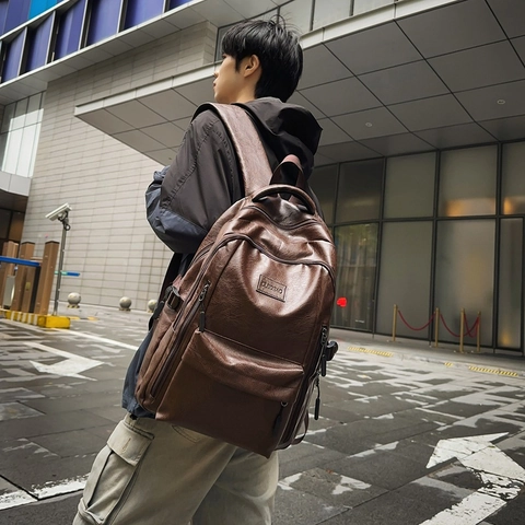Zaino Retro In Pelle PU Grande Capacità Resistente All'Acqua Borsa Per Laptop Per Uomini Studenti Viaggio Scuola