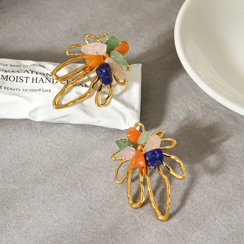 Vintage Hollow Flower Stud Earrings With Colorful Natural Stones And Stainless Steel Earring Post Bohemian Style For Women
