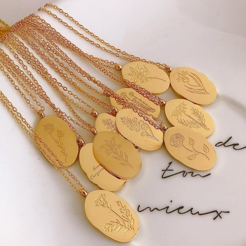 Birth Flower Irregular Coin Necklace Double Sided Floral Pattern 18K Gold Plated Stainless Steel Pendant Jewelry For Women Gift