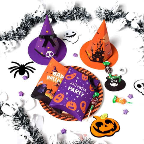 Halloween Süßigkeiten Geschenkbox Hexenhut Form Papier Party Gastgeschenk Boxen Mit Kürbis Geist Schloss Muster Für Feiertage