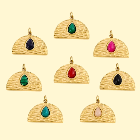 Edelstahl Anhänger Halbkreis Hammerschlag Textur Mit Tropfen Naturstein Inlay Vintage Retro DIY Schmuck