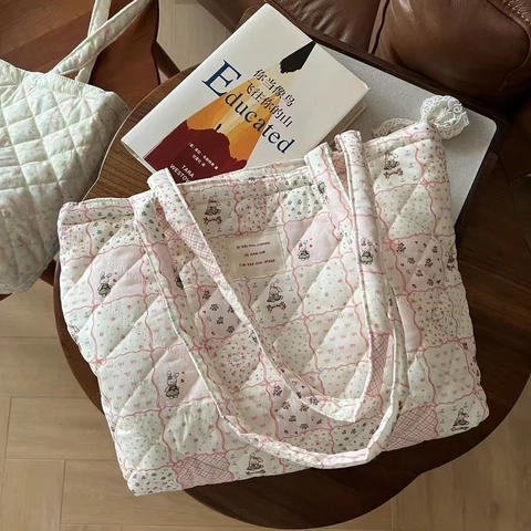 Quilted Cotton Tote Bag Floral Animal Print Large Capacity Canvas Lining Shoulder Handbag For Women Daily Use