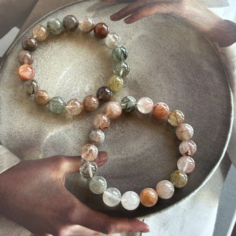Natural Multi-color Rutilated Quartz Beaded Bracelet Minimalist Round Crystal Gemstone Elastic Jewelry For Women