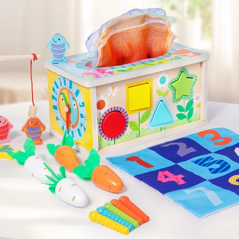 Cubo Di Attività Montessori In Legno Giocattolo Per Neonati Busy Box Con Pesca Magnetica Raccolta Carote Smistatore