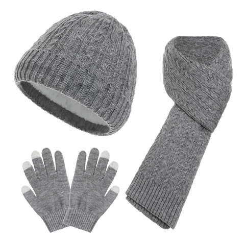 Winter Warm Gestrickte Mütze Schal Handschuhe Für Herren Damen Wollmischung Fleece Gefüttert Touchscreen Zopfmuster Accessoires