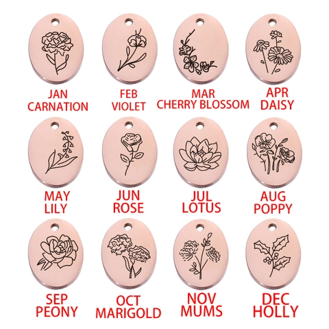 Oval Birth Flower Pendant 304 Stainless Steel Etched Mirror Polished Jewelry Making Findings DIY Necklace Charm Accessories