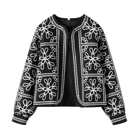 Women Contrast White Daisy Embroidery Ethnic Long Sleeve Jacket And High Waist Shorts Fashion Casual Woven Streetwear
