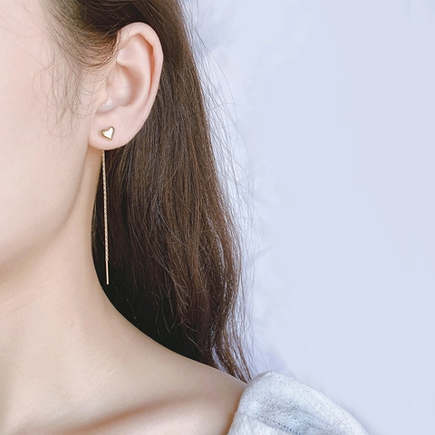 Heart Threader Earrings Copper Long Chain Tassel Dangle Elegant Minimalist Jewelry For Women Shiny Finish