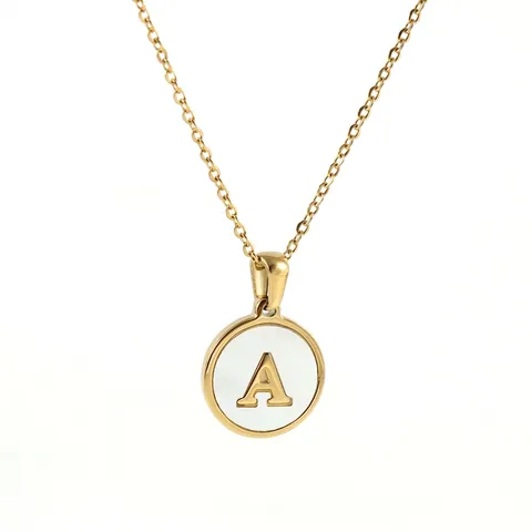 Round Initial Letter Necklace 18K Gold Plated Stainless Steel With Mother Of Artificial Pearl Shell Inlay Fashion Jewelry For Women