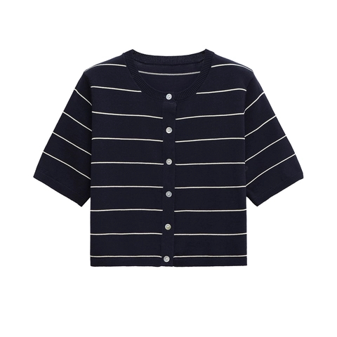 Gestreifter Damen Strickcardigan Rundhals Kurzarm Kurz Geschnittenes Oberteil Elegant Navy Blau
