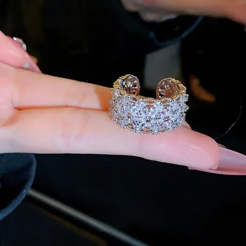 Anillo Abierto Flor Cobre Encaje Hueco Filigrana Banda Ancha Circonita Ajustable Joyería Para Mujer