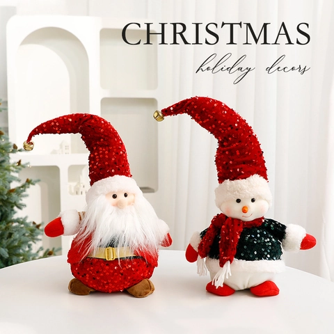 Christmas Santa Claus Snowman Reindeer Plush Doll Ornaments Sparkling Sequin Long Hat With Bell Holiday Desktop Decoration
