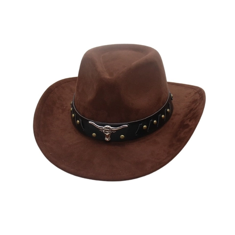 Western Cowboyhut Wildlederimitat Breite Krempe Mit Stierkopf Metallemblem Lederband Nieten Retro Ethno Stil