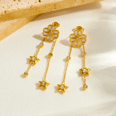 Pendientes De Borla De Acero Inoxidable Estilo Francés Vintage Chapados En Oro Flor De Concha Blanca Estrella Strass Para Mujeres