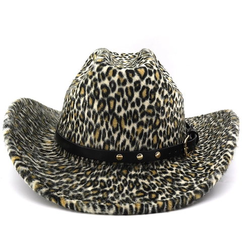 Chapeau De Cowboy Imprimé Léopard Fausse Fourrure Polyester Western Bord Large Bande Cuir Rivets Cosplay Scène Homme Femme
