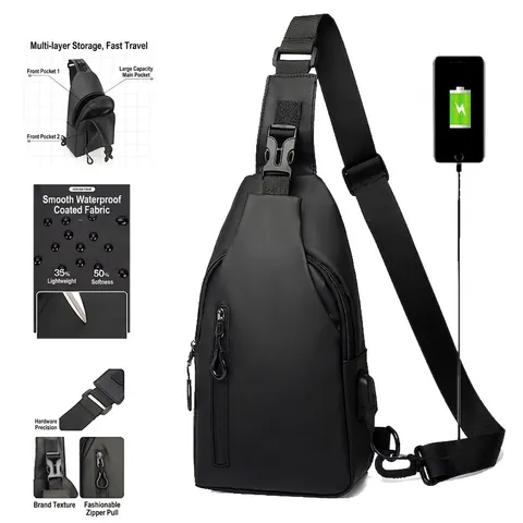 Herren Brusttasche Wasserdicht Oxford Umhängetasche Sling Rucksack Mit USB Ladeanschluss Trendig Lässig Sport Reisen