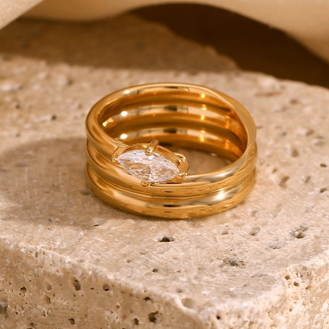 Mode Mehrlagiger Edelstahl Ring Für Damen 18K Vergoldet Marquise Schliff Zirkonia Geometrischer Fingerring Schmuck Geschenk