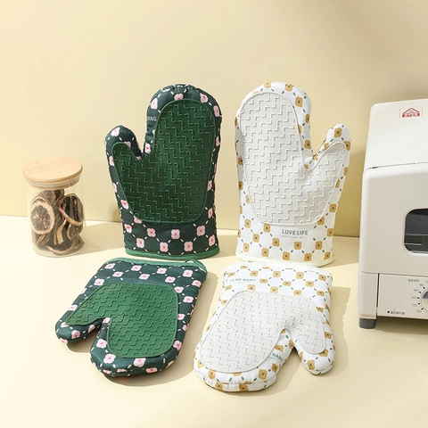 Guantes De Horno Resistentes Al Calor Silicona Y Algodón Antideslizantes Patrón Flores Pan Cocina Hornear Microondas Gruesos
