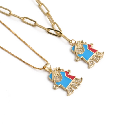Collana Con Ciondolo Coppia Cartone Animato Rame Placcato Oro Micro Pave Zircone Smalto Blu Rosso Gioielli