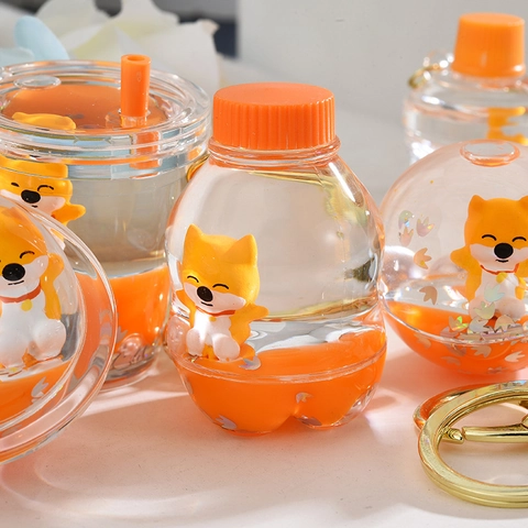 Mignon Porte-clés Liquide de Sable Mouvant en Acrylique de Chien Shiba Inu pour Sac Pendentif de Dessin Animé Anneau Doré Cadeau Femme