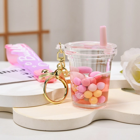 Süßer Acryl Flüssiger Treibsand Schlüsselanhänger Cartoon Milchtee Flasche Heißluftballon Hase Geformt Tasche Anhänger Für Damen Kinder Geschenk