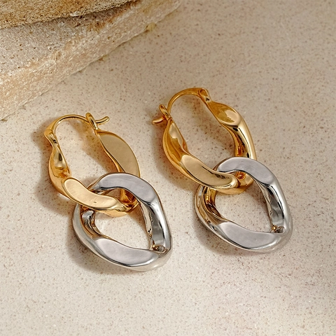 Orecchini A Cerchio Intrecciati Bicolore In Lega Placcatura In Oro Vero Con Perno In Argento Per Donne