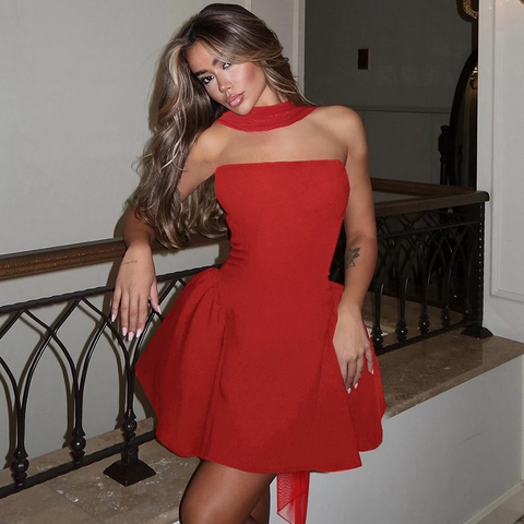 Women Sexy Strapless Mini Dress Backless Back Zipper Ruffle Hem Solid Color Polyester Spandex With Matching Choker