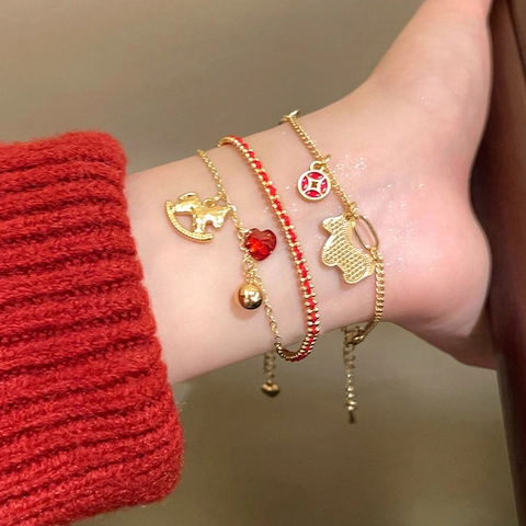 New Chinese Style Copper Gold Plated Bracelets With Rocking Horse Heart Bear Charms Red Braided Rope Jewelry For Women