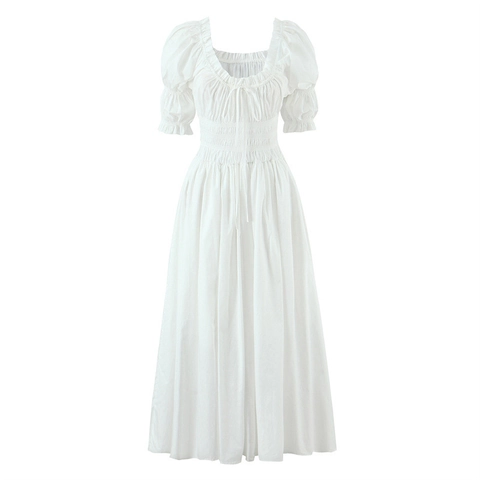 Französisches Retro Kleid Aus Reiner Baumwolle Puffärmel Quadratischer Ausschnitt Hohe Elastische Taille Gesmoktes A-Linie Maxikleid