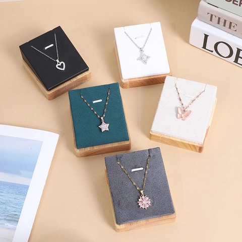 Necklace Pendant Display Stand Wood Base Velvet Leather L-Shape Jewelry Countertop Organizer Showcase Holder