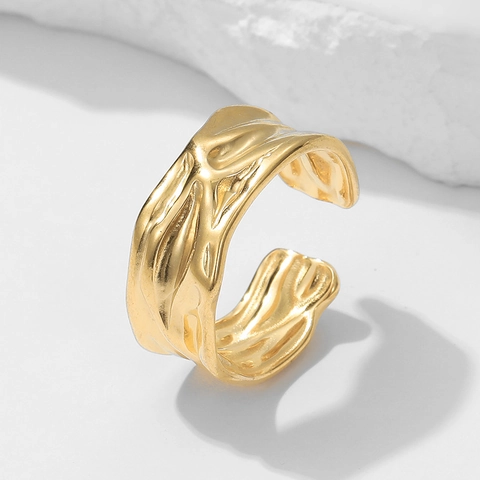 Stainless Steel Open Ring 18K Gold Plated Irregular Lava Liquid Metal Texture Adjustable Minimalist Fashion Jewelry