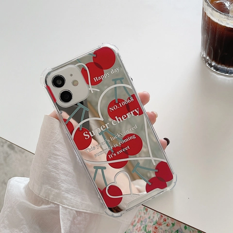 Clear Mirror Cherry Heart Phone Case For IPhone 16 15 14 13 Pro Max Huawei Mate 60 Xiaomi Painted TPU Protective Back Cover