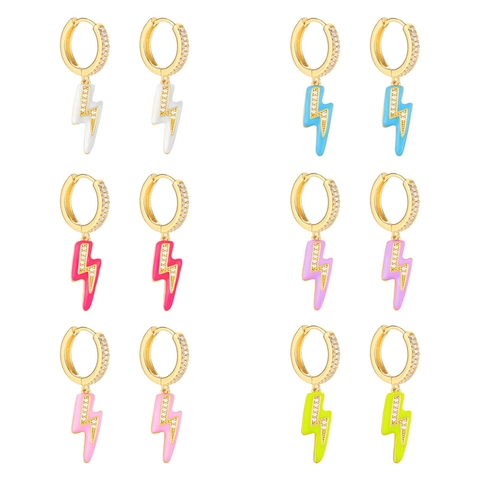 Korean Style Colorful Enamel Lightning Bolt Hoop Earrings With 925 Sterling Silver Earring Post Zirconia Inlaid Jewelry