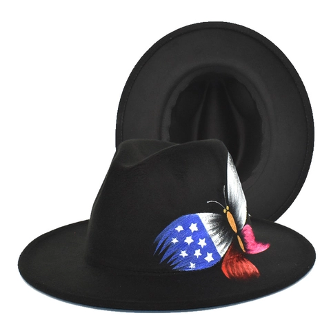 Artistic Hand Painted Butterfly Fedora Hat For Women Men Woolen Felt Wide Brim Jazz Hat Graffiti Streetwear Style Sun Hat