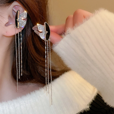 Vintage Butterfly Long Tassel Ear Cuffs Alloy Rhinestone Enamel Elegant Pierceless Earrings For Women Fashion Jewelry
