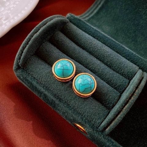 Vintage Round Synthetic Turquoise And Imitation Artificial Pearl Earrings With 925 Sterling Silver Earring Post For Women