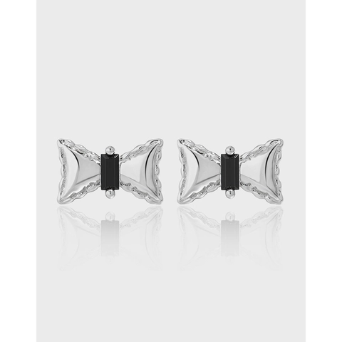 Bow Tie Stud Earrings With Black Cubic Zirconia And 925 Sterling Silver Earring Post Korean Style Minimalist For Women