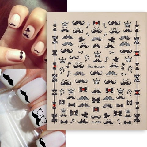 Gentleman Thema Geprägte Nagelkunst Sticker Mit Strasssteinen Schnurrbart Fliege Krone Musiknoten DIY Maniküre Dekor
